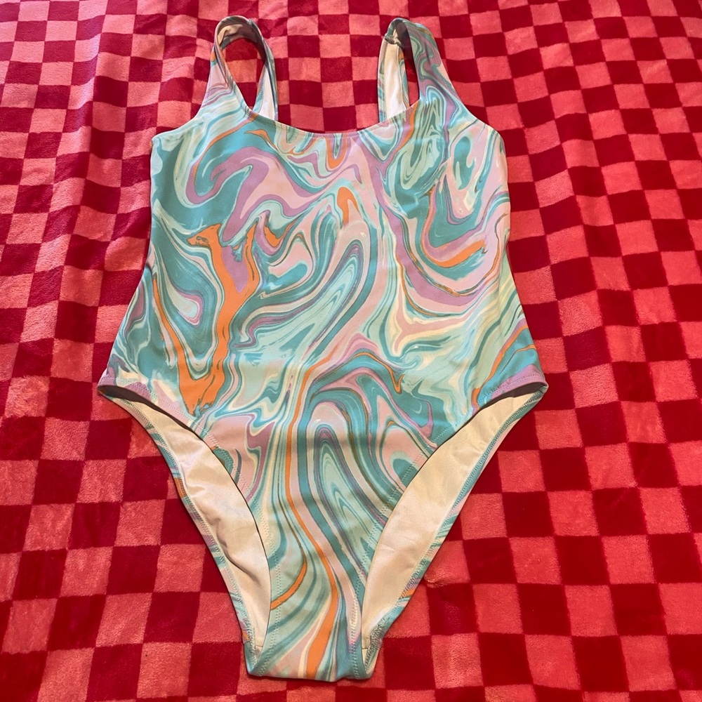Blue purple and orange groovy one piece swimsuit